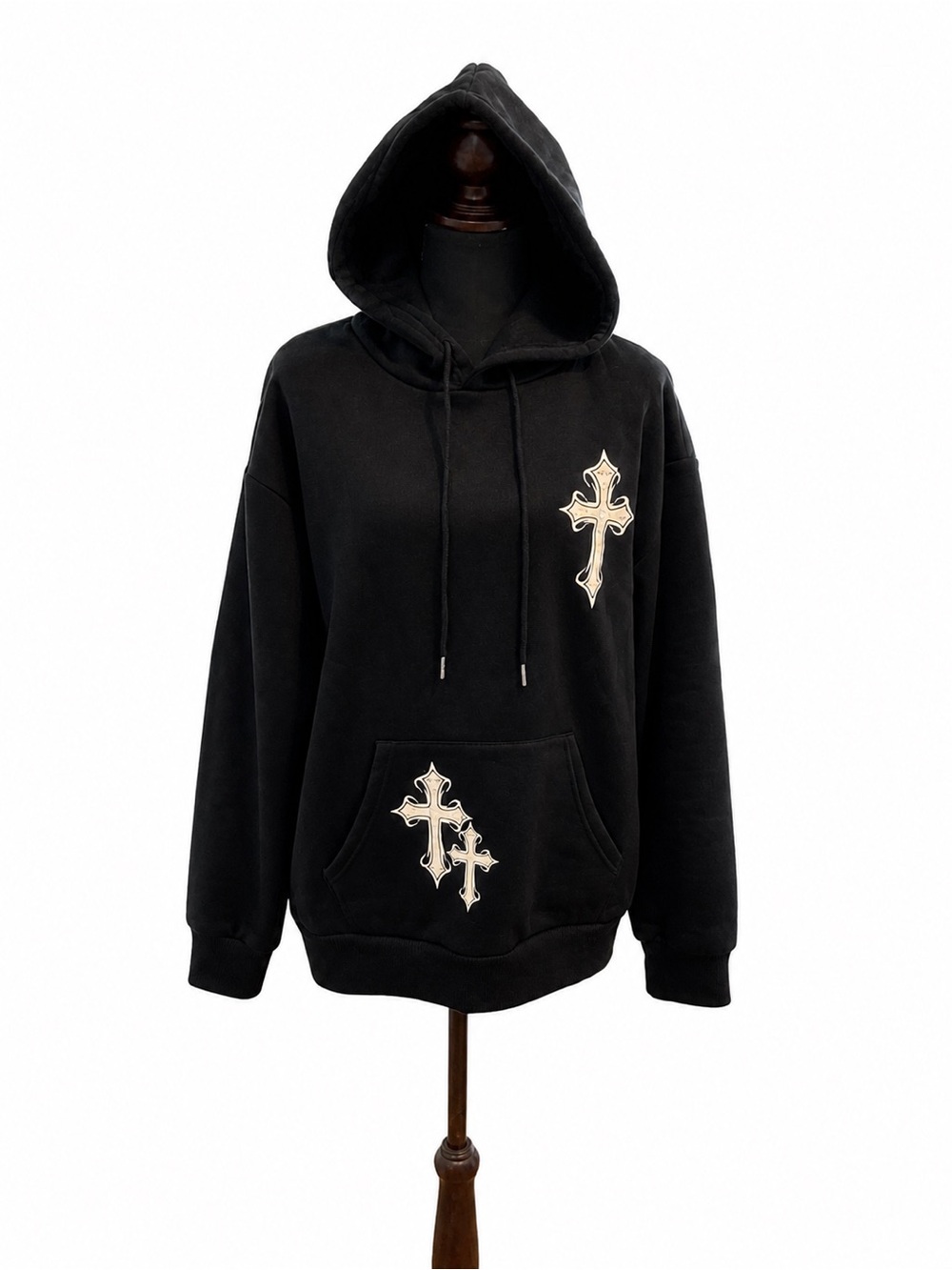SHEIN Black Hoodie with Cream Cross Appliqués